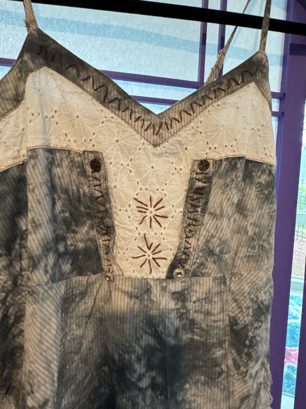 Sleeveless Tie-Dye Midi Dress with Eyelet Trim - Cream & Gray - Picture 3 of 7